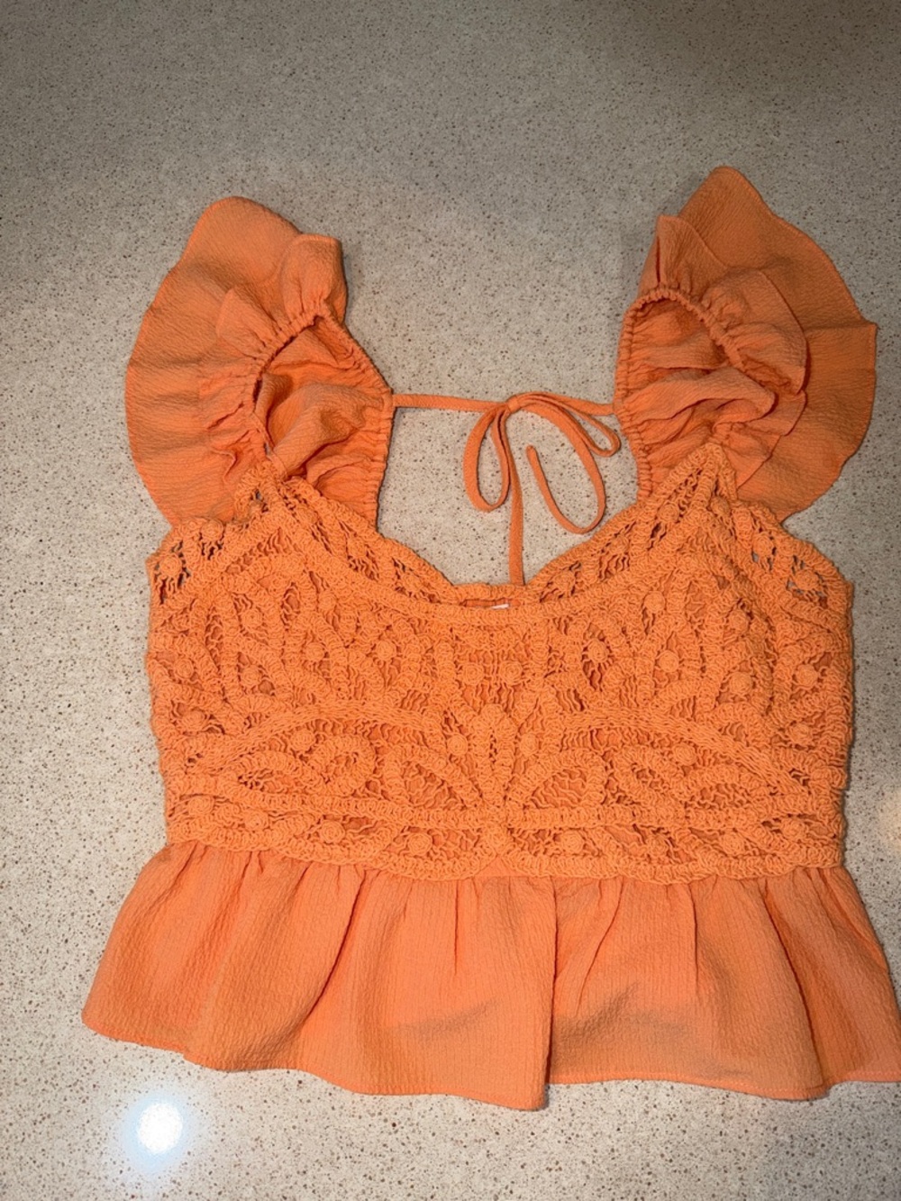 MNK Orange Crochet Lace Crop Top – Ruffle Sleeve | Size M